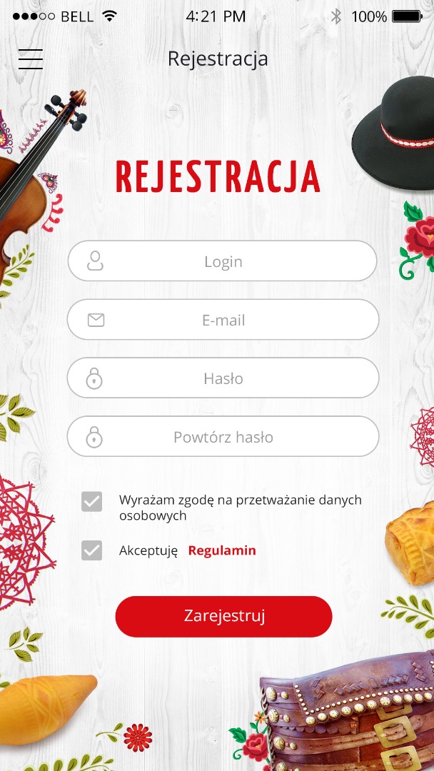 Skarby Górali - Rejestracja w aplikacji